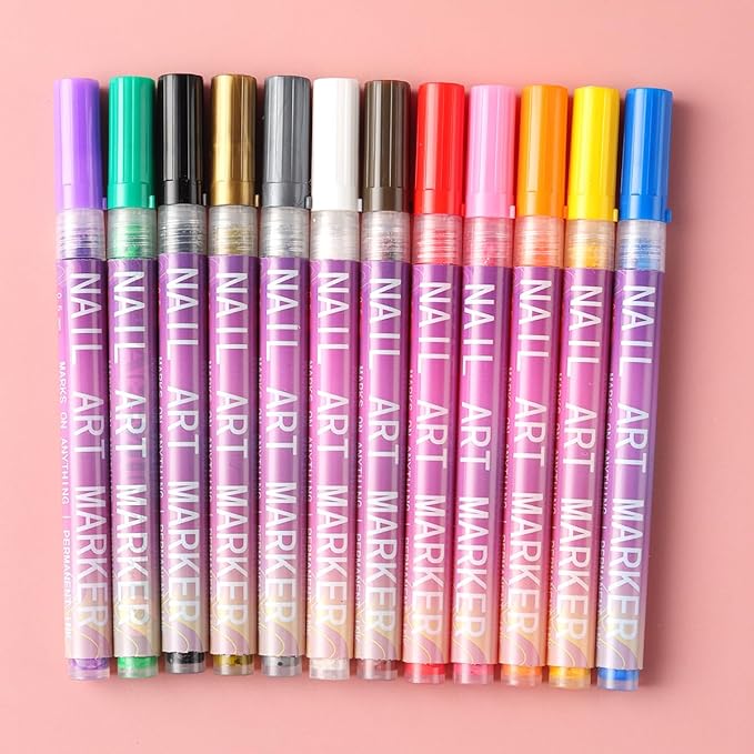 12 Colors Nail Art Pens Set, Nail Art Markers 0.5mm Fine Tip Polish Pens Graffiti Dotting Pen Drawing Painting Liner Brush for DIY Nails Design Decoration Manicure Tools