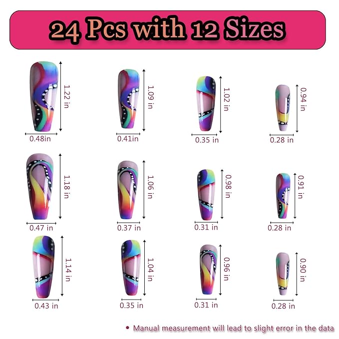 24pcs Colorful Film Long Square Press On Nails, Reusable Nail Kit with Nail Adhesive Tabs Mini Nail File, 12 Sizes (Colorful)