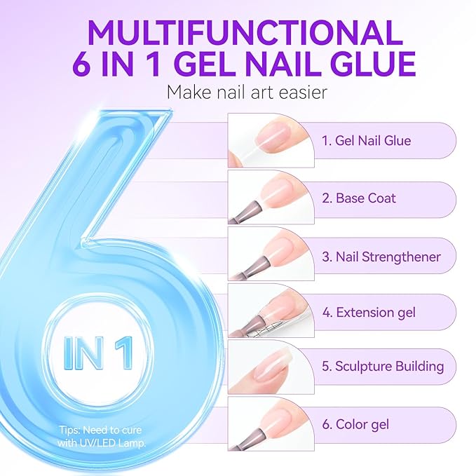 Gelike EC Peachy Jelly Nail Glue Gel - 6 in 1 Extra Strong Clear Acrylic Nails - Long Lasting Extension Adhesive UV Nude Pink Nail Glue for Clear Press On Nail Tips - UV Cure Required