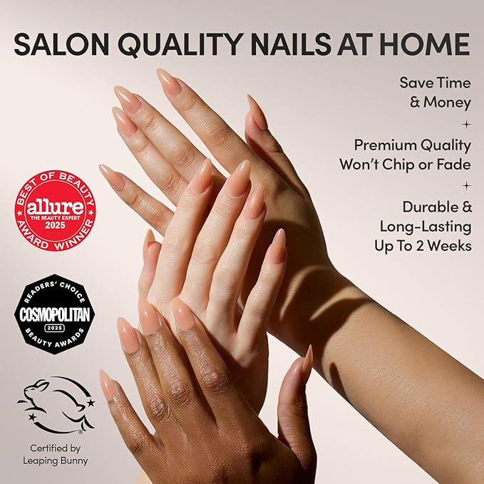 Glamnetic Press On Nails - Sheer Peach | Medium Almond Fake Nails, Sheer Peach Pink Neutral, Salon Quality | 15 Sizes - 30 Nail Kit Wtih Glue