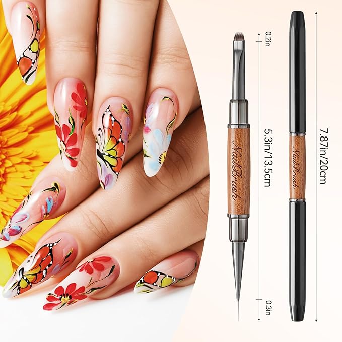 Acrylic Nail Brush,Double-ended Nail Brush French Tip Brush,Nail Art Painting Brush for Long Lines,Thin Details, Fine Drawing,Builder Gel,Polygel (Short square round brush+8mm Line brush)