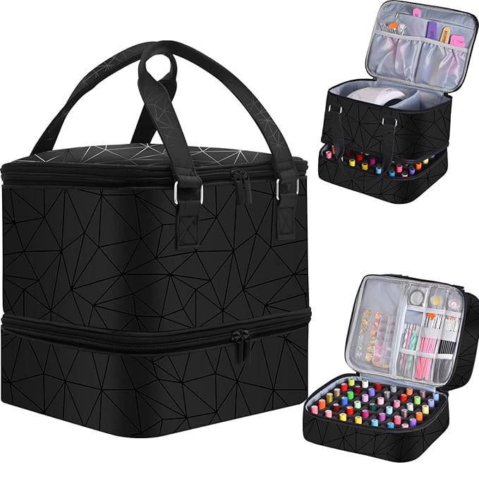 Nail Polish Organizer Case - Holds 42+ Bottles (15ml/0.5 fl.oz) and 1 Nail Lamp, Upgraded Double-layer Nail Polish Carrying Case Nail Storage Bag with Handles (Black)