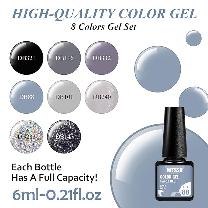 MTSSII Grey Gel Nail Polish Set 8 Colors, Gray Tone Dark Cloud Stone Seal Iron Fossil Shades Collection Black Glitter Sliver Nail Polish for Fall Winter Nail Art Kit Design Soak Off Manicure Gift