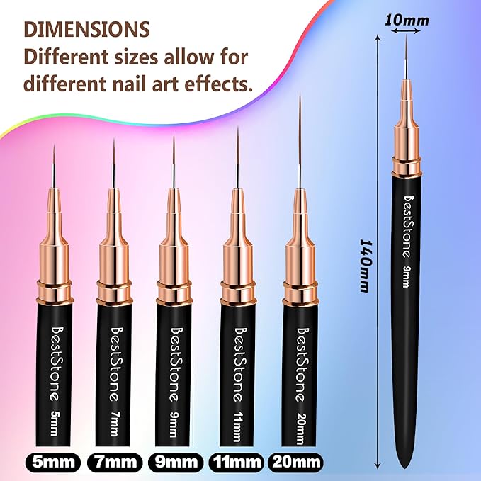 Nail Art Liner Brushes, 5Pcs Professional Gel Polish Painting Art Design Pen Set for Long Lines, Thin Details, Fine Drawing Sizes 5/7/9/11/20mm Nail Art Design Gift for Women(Black)