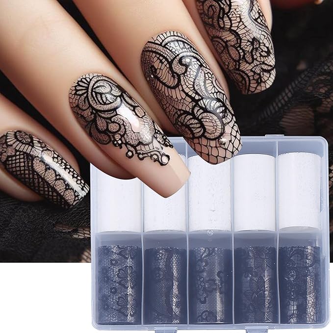 Lace Flower Nail Foil Transfer Sheets 20 Rolls Black White Lace Florals Nail Art Foils Elegant Valentines Sticker Nail Designs Lace Starry Sky Adhesive Valentine Foils Manicure Decoration for Women
