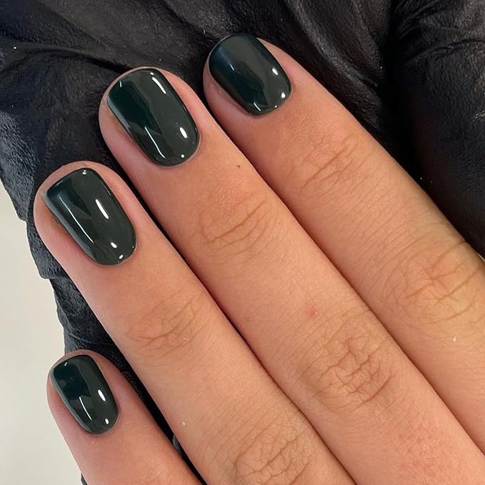 Modelones Extra Short Press on Nails, Dark Green Squoval Fake Nails, Reusable Nail Kit with Nail Glue Adhesive Tabs Mini Nail File, Nails Press Ons 32Pcs 16 Sizes, Women Girl Gift