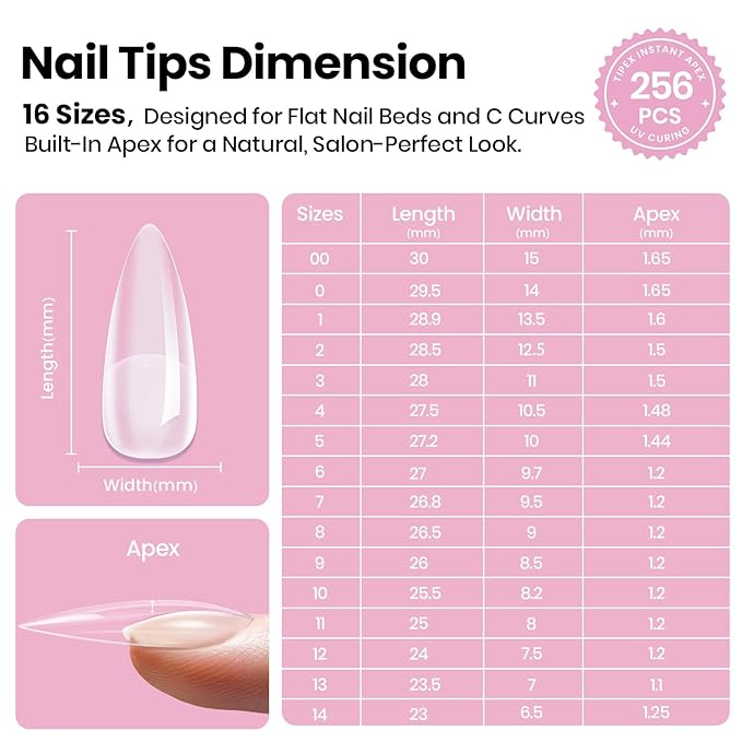 Beetles Tipex Lite Pre-Built Apex Gel Nail Tips, Stiletto Medium, 256pcs Value Pack, 16 Sizes, Flat-Nail Friendly Acrylic Tips for Natural Nail Beds, Easy for Beginner DIY