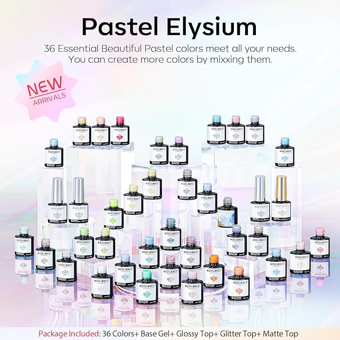 modelones 40Pcs Gel Nail Polish Set, 36 Colors 2026 Easter Spring Pastel White Pink Light Yellow Blooming Glitter Gel Polish Kit with 4PCS Glitter Matte Glossy Top Base Coat LED Nail Art DIY Gift