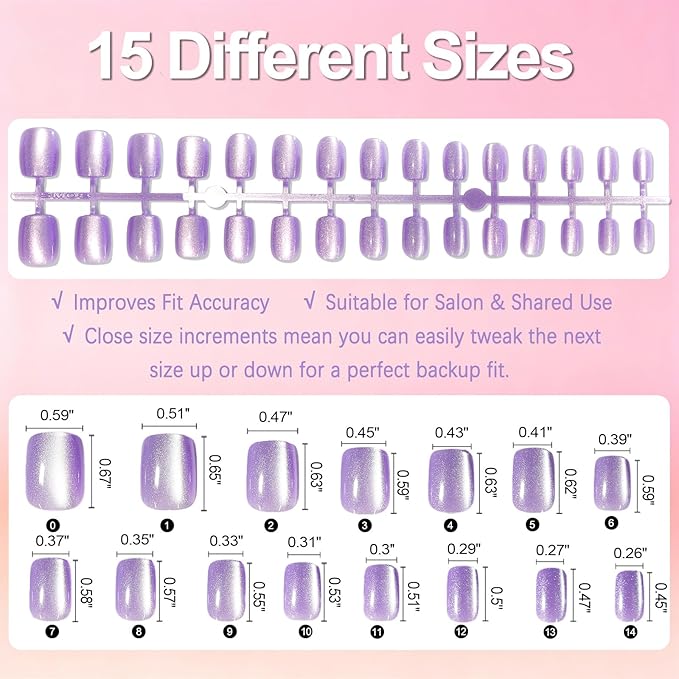 Allstarry Cat Eye Press on Nails, 15 Full Sizes Range Cat Eye Nails Press Ons 4 Colors Cateye Presson Nail for Women 120pcs Green Purple Blue Pink Glossy Short Square Fake Nail Tips Stick DIY Salon