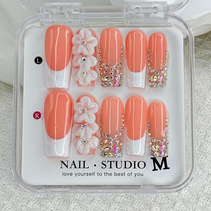 Handmade Press on Nails Medium Square Fake Nails White French False Nails Rhinestone Cute 3D Flower Full Cover Stick on Nails Handmade for Girls Manicure Art Decoration Accessories (Size S)