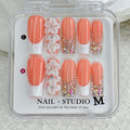Handmade Press on Nails Medium Square Fake Nails White French False Nails Rhinestone Cute 3D Flower Full Cover Stick on Nails Handmade for Girls Manicure Art Decoration Accessories (Size S)