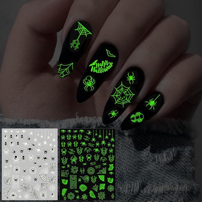 Halloween Glow in The Dark Nail Stickers, 3D Luminous Ghost Nail Art Decals, Self-Adhesive Pumpkin Spider-Web Bat Design for DIY Supplies Decoration (10 Sheets)