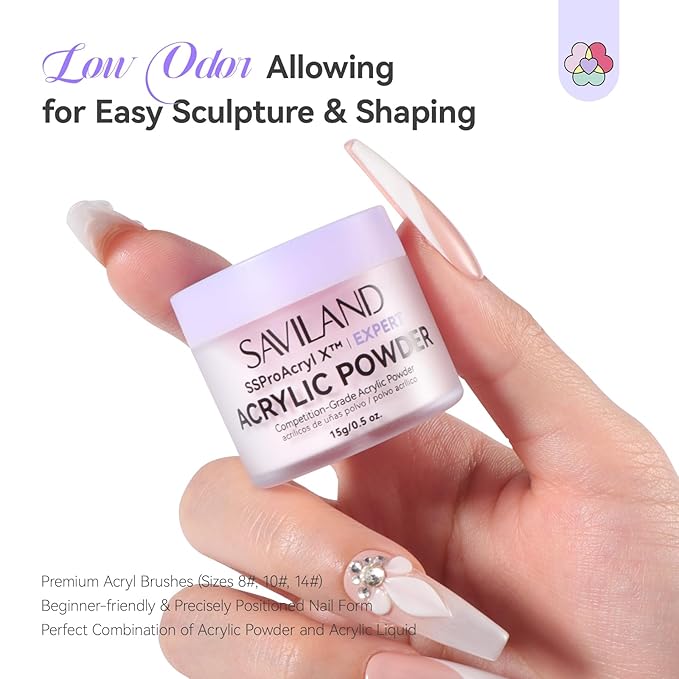 SAVILAND Acrylic Nail Kit with Everything: Hema-Free & Low-Odor Professional Acrylic Powder and 200ml Liquid Set with Size 8 10 14 Nail Brushes, Forms & Tools for Extensions 3D Carving Home Salon Use