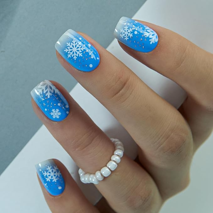 Curvlife Press On Nails – 30PCS Full Cover False Natural Fit Soft Gel Fake Nails Tips, Easy to Apply at Home Glue On False Nails Kit (Blue Ombre Nails with White Snowflakes, Medium)