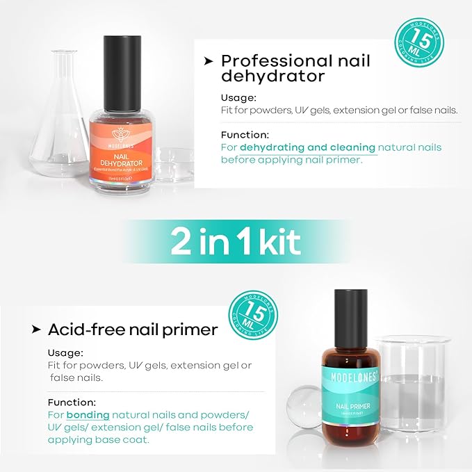modelones 4 Pcs Nail Dehydrator and Primer, 15 ml Acid Free Natural Prep Dehydrate & Bond Primer Hema-Free Bonding for Nail Supplies