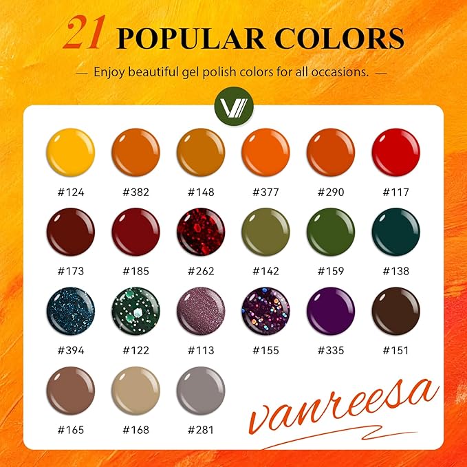 VANREESA 24 Pcs Fall Gel Nail Polish Set, 21 Colors Gel Polish with Base Coat Glossy & Matte Top Coat Orange Red Purple Green Brown Gel Polish Kit Nail Kit Gifts for Women