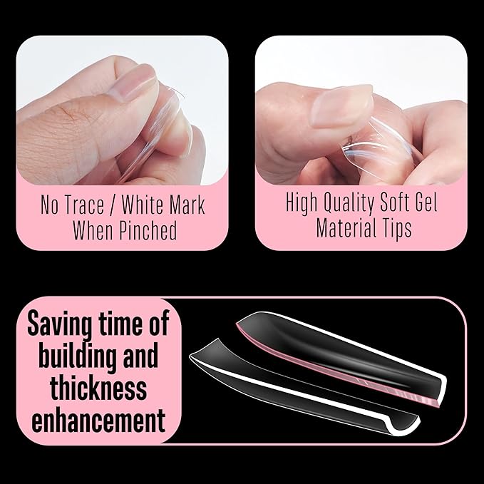 NOVO OVO Sculpted XXL Square Nail Tip for Curved Nail Beds, Extra Thick Long False Nails Press on, Full Cover Soft Gel Extension Fake Nail for Acrylic kit, Clear X 15 Sizes 300pcs