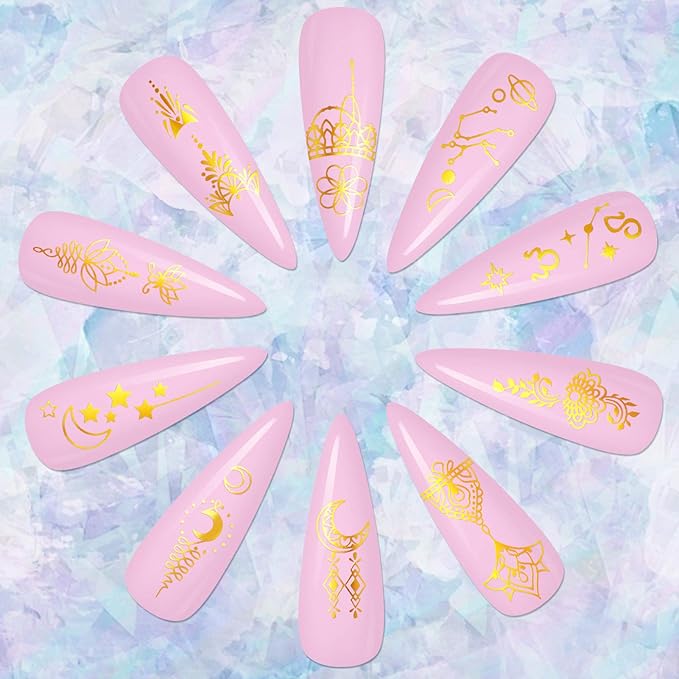 KISSBUTY 24 Pcs Universe Nail Art Sticker - Gold Flowers, Stars, Moon Constellation Decals