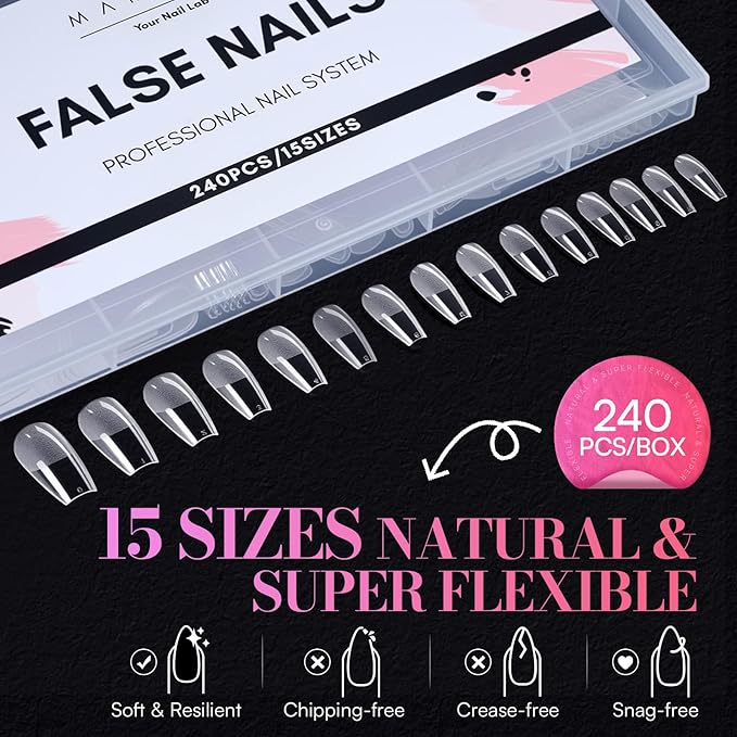 Makartt Coffin Nail Tips: Medium, 240PCS, 15 Sizes, Half Matte, Clear Acrylic, Full Cover Ballerina Press on Nails Extensions Supplies Salon and DIY Extension for Long-Lasting Manicure
