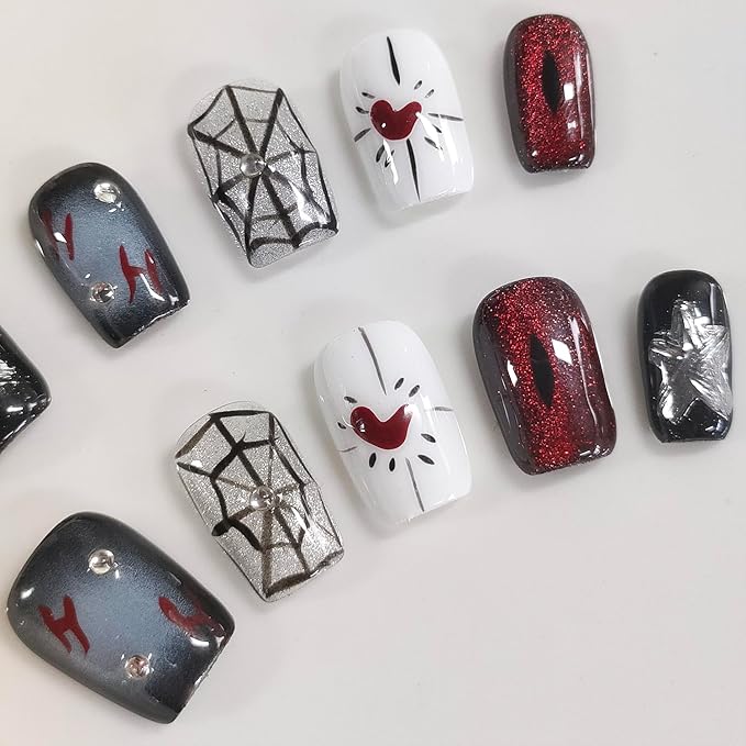 Halloween Press on Nails Short Square Handmade Acrylic Nails 3D Thick Cats Eyes Fake Nails with Rhinestones Spider Web Stars Designs Sparkly Black&Red Sturdy Art False Press on Nail 10Pcs(S)