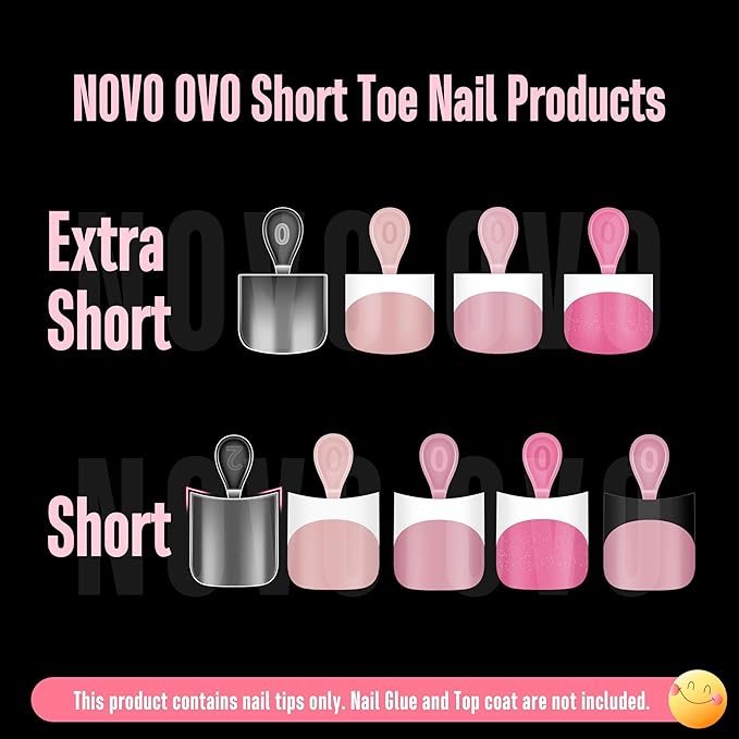 NOVO OVO Extra Short Toe Nail Tips White French Tip ROSE PINK Sharp Square Press On, Soft Gel False Fake Toenail Extension Kit, Need Apply Top Coat Buider Gel Nail Glue, Salon DIY x 16 Sizes 224 Pcs