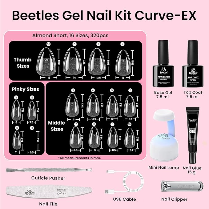 Beetles Gel Nail Kit Curve-EX, Almond Short, 320pcs 16 Sizes Nail tips, with 15g Nail Glue Gel Hands-Free, 7.5ml Base Gel & Top Coat, Mini Lamp, for Acrylic Press On Nail, Extension DIY Set at Home