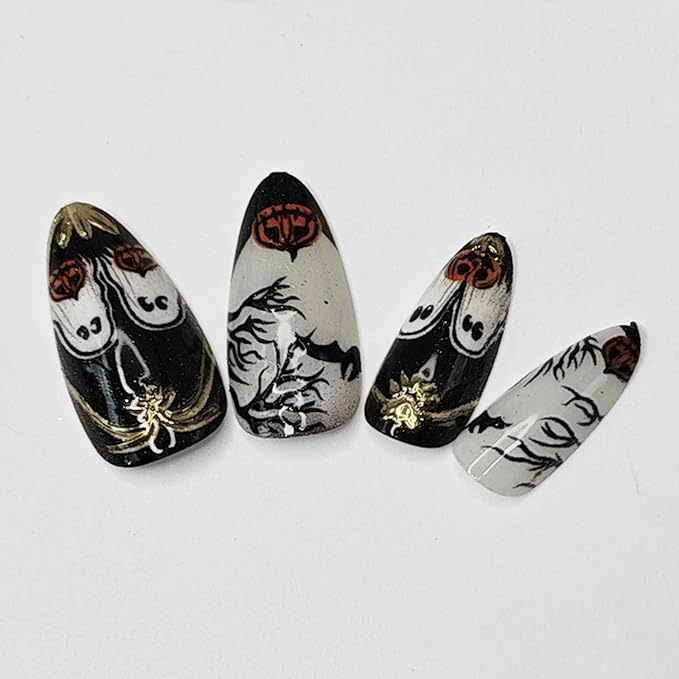 Halloween Ghost Press on Nails,Medium Almond Fake Nails,Halloween Ghost Bat Pumpkin Designs False Nails,Gold Glitter Press on Nails,Stick on Nails for Women Girls Halloween Manicure 24Pcs