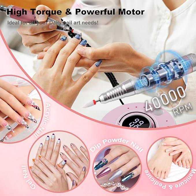 Electric Nail Drill with Brushless Motor, 40000RPM Professional Cordless Nail File for Acrylic & Gel Removal - Rechargeable Manicure & Pedicure Kit with 12 Bits for Home and Salon Use (Blue)