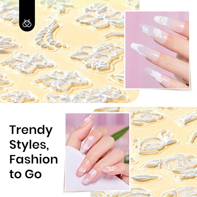 Beetles Gel Top Coat With 6 Pcs Nail Stickers for Nail Art, 5D Rhinestones Sticker Embossed White Flower Design with Nail Tweezer Pegatinas Uñas Nail Gems Decorations for Women
