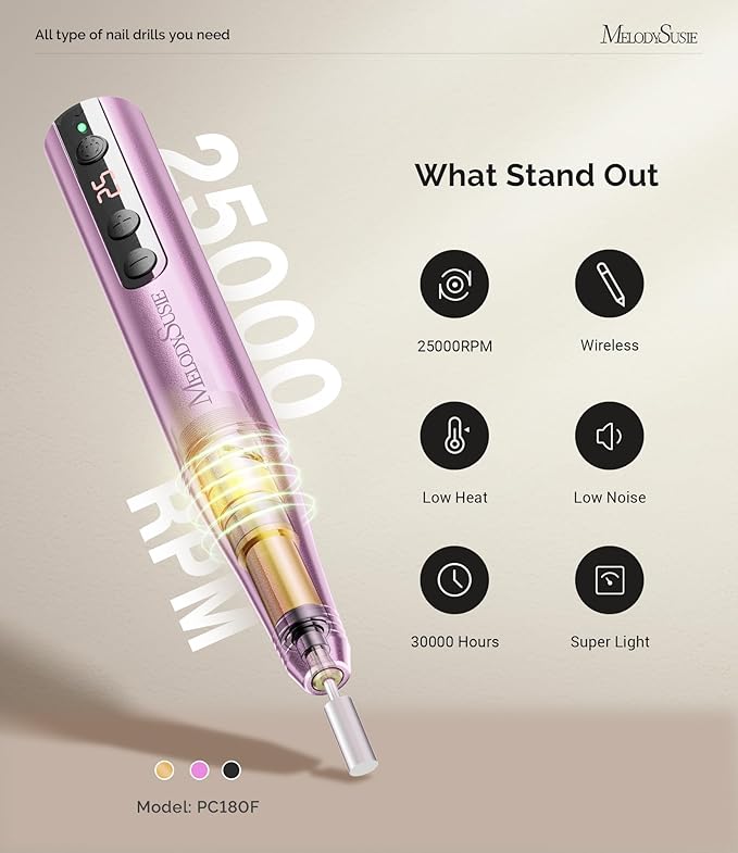 MelodySusie Pen-Shaped Portable Cordless Nail Drill, PC180F 25000RPM Rechargeable Electric File with LED Display for All Nail Care, Manicure Shaping & Acrylic Gel Removal for Nail Artists DIY at Home