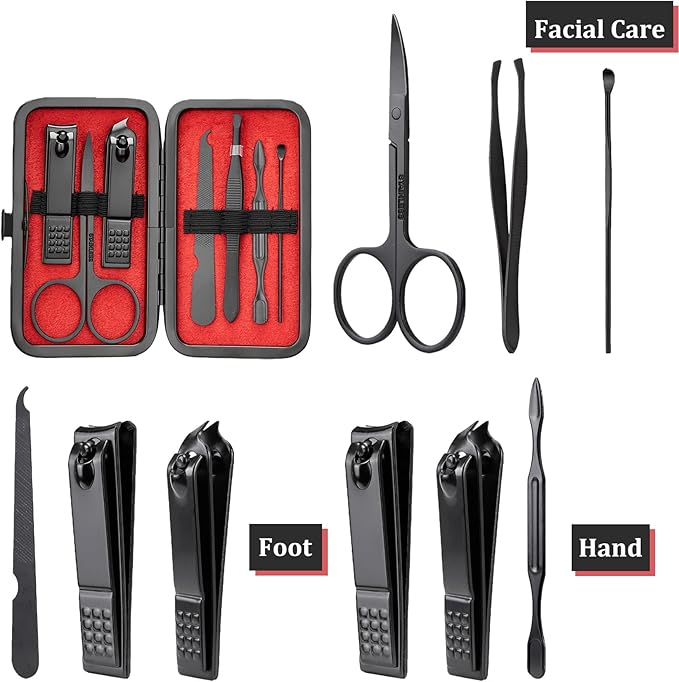 COSHAYSOO Personalized Mens Nail Grooming Kit 7 Pcs with Black Travel Case, Small Useful Funny Valentines Gifts for Coworker Male Manicure Set Nail Clipper Fingernail Care Tools