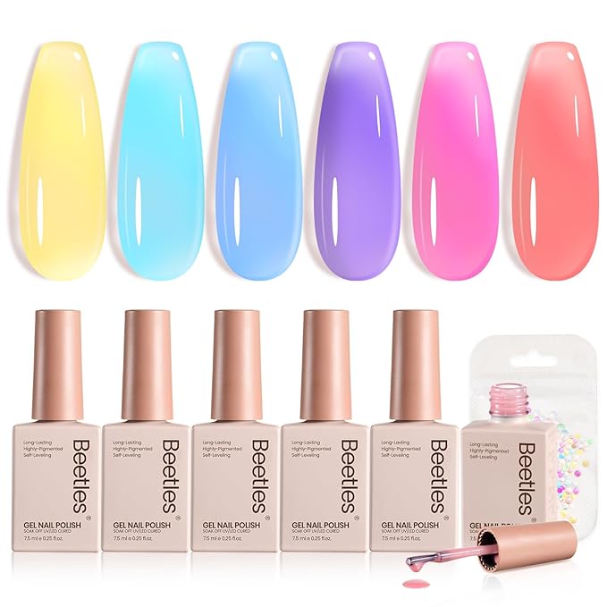 Beetles Pastel Gel Nail Polish Set, 6 Colors Jelly Pink Red Blue Green Purple Yellow Gel Polish kit Spring Summer Crystal Glass Translucent Effect Rainbow French Nail Art Soak Off UV Gift for Women