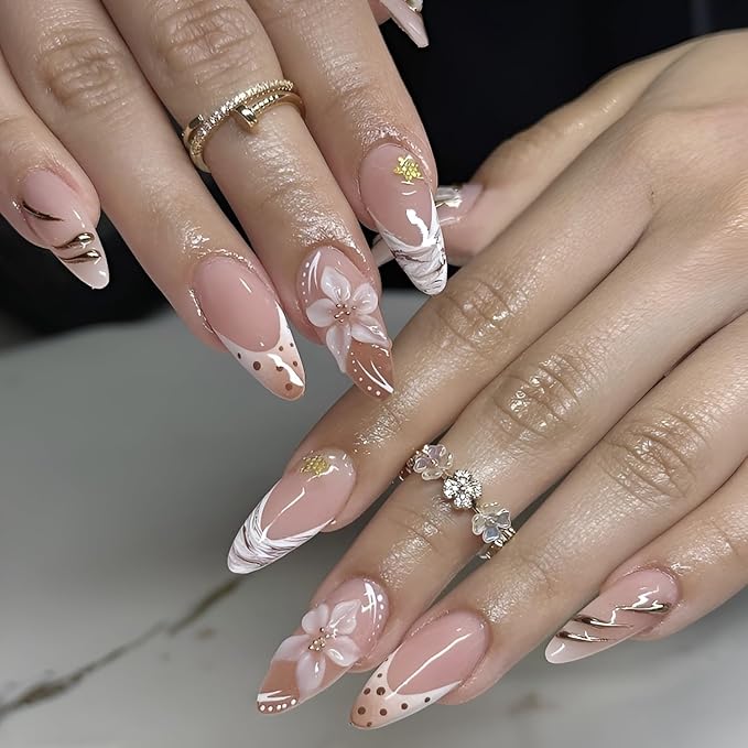 French Tip Fake Nails Medium Almond Press on Nails Embossed Flower Nails Press Ons Polka Dot False Nails Nude Glossy Glue no Nail Gold Line Acrylic Stick on Nail for Women Decoration 24Pcs