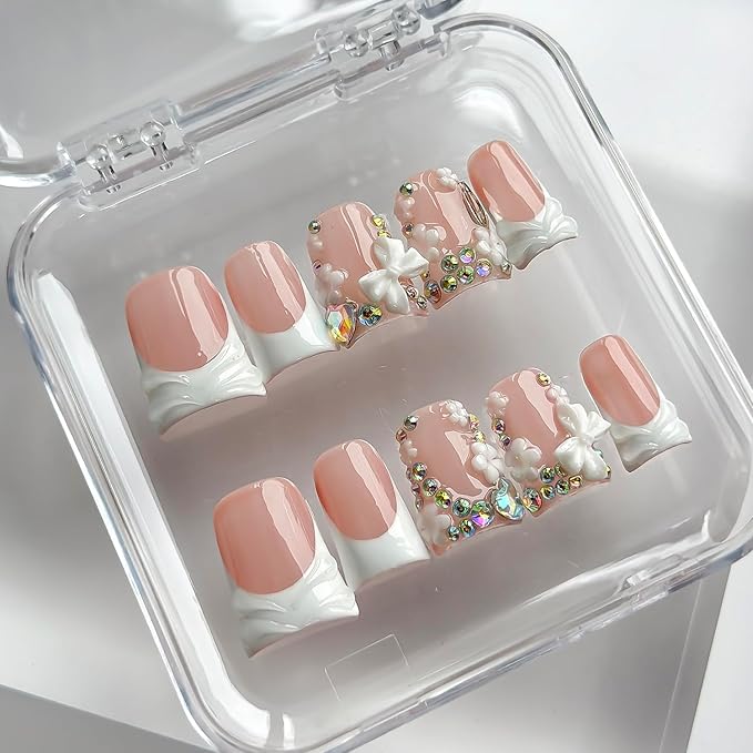 Luxury Press on Nails Short Duck Handmade 3D Unique Reusable ABS Material Fake Nails White French Tip False Nails with Designs Flower Butterfly Rhinestones Glossy Glue on Nail Thick Acrylic Nail(M)