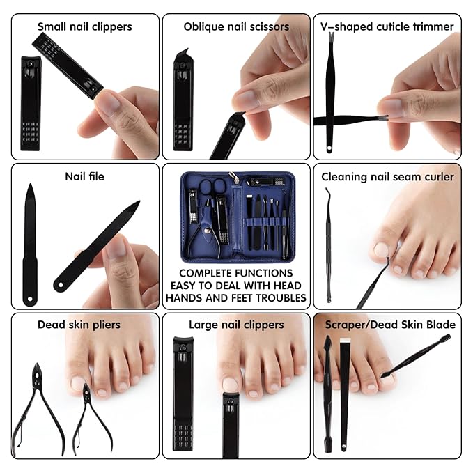 Nail Kit, Manicure Kit, Nail Care Kit for Men, Manicure Pedicure Set, Nail Clippers Toenail Clippers Kit, Professional Manicure Kit Pedicure Kit, Blue Travel Case, Set of 12.