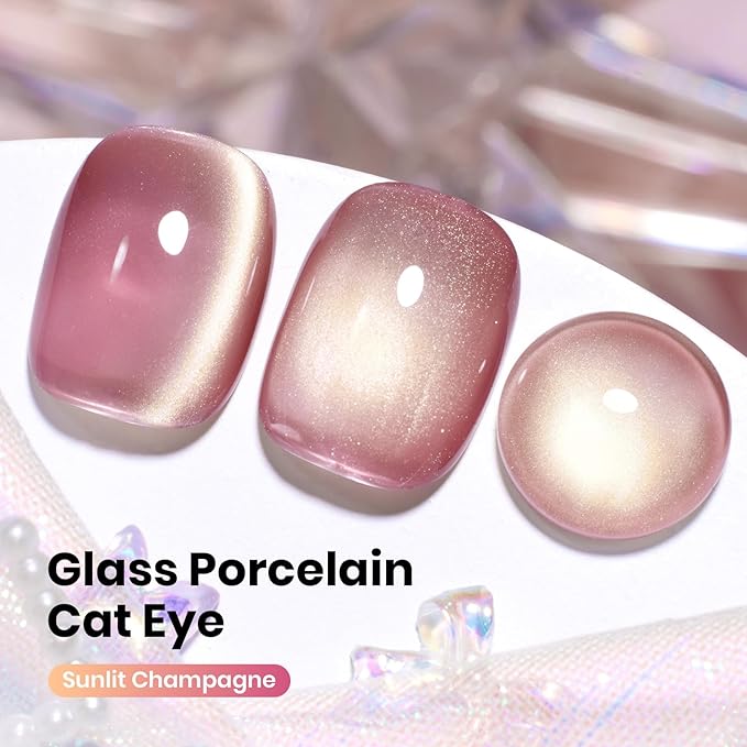 Beetles Sunlit Champagne Pink Cat Eye Gel Nail Polish - 15ML Valentine's Day Pink Cat Eye with Gold Powder Magnetic Glitter Gel Polish Glass Effect Soak Off UV DIY Nail Art Gift for Women