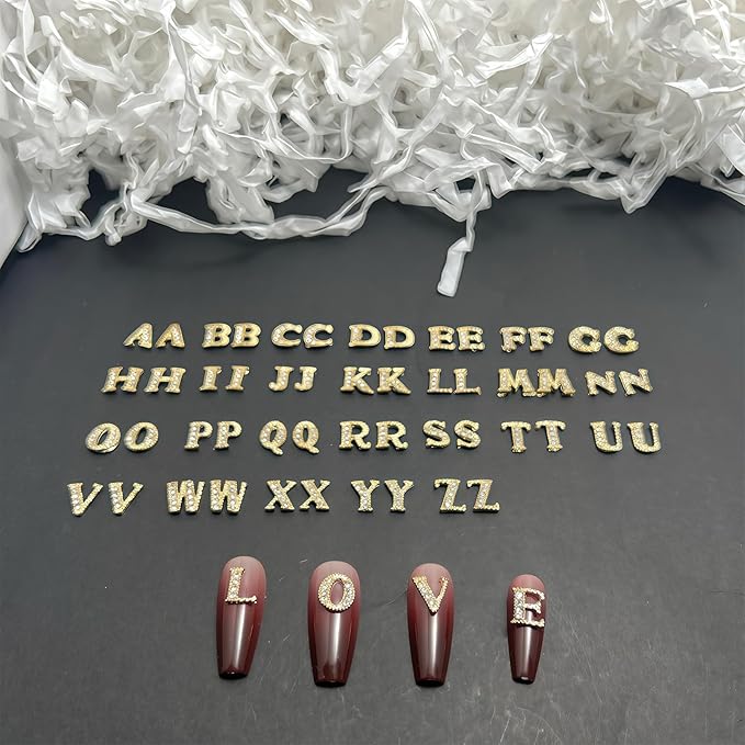 52 Pcs 3D Gold Nail Charms Letters Initial Charms for Nails Nail Letter Charms Alphabet Rhinestone Letter Nail Charms for Nail Art Design Decoration DIY Craft