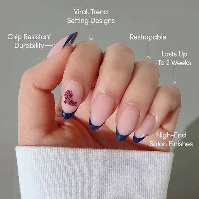 Glamnetic x Fanatics Press On Nails - Mississippi Rebels | Short Almond Fake Nails, Collegiate Mississippi Blue French Tips, College Nails, Salon-Quality | 15 Sizes - 30 Nail Kit with Glue