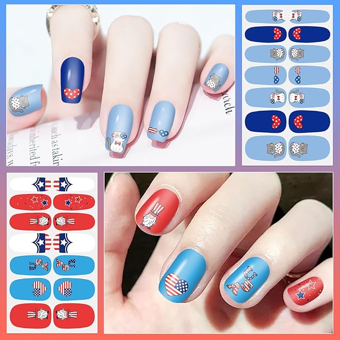 DANNEASY 16 Sheets Independence Day Nail Wraps for Women 4th of July Nail Polish Stickers Solid Color Nail Polish Strips Self-Adhesive Fingernail Stickers with Nail File, Cuticle Stick