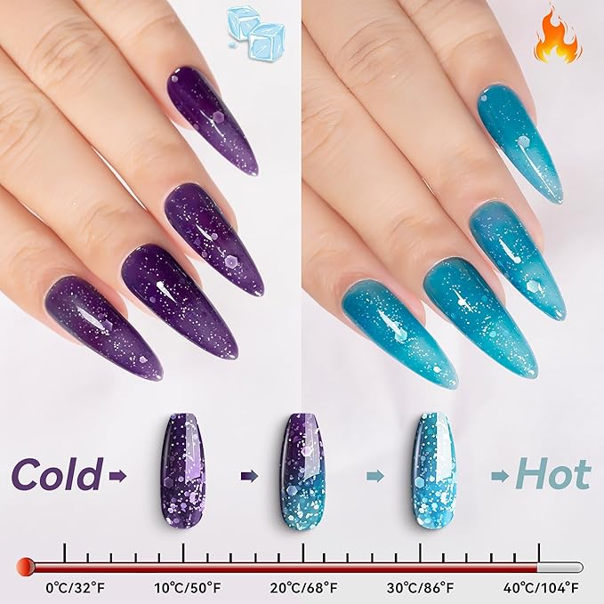 YTD Likomey Color Changing Gel Nail Polish,15ml Turquoise To Deep Blue Chunky Glitter Mood Temperature Change Colors Thermal Ombre Salon Home Fall Winter Manicure UV Nails Varnish,WB03