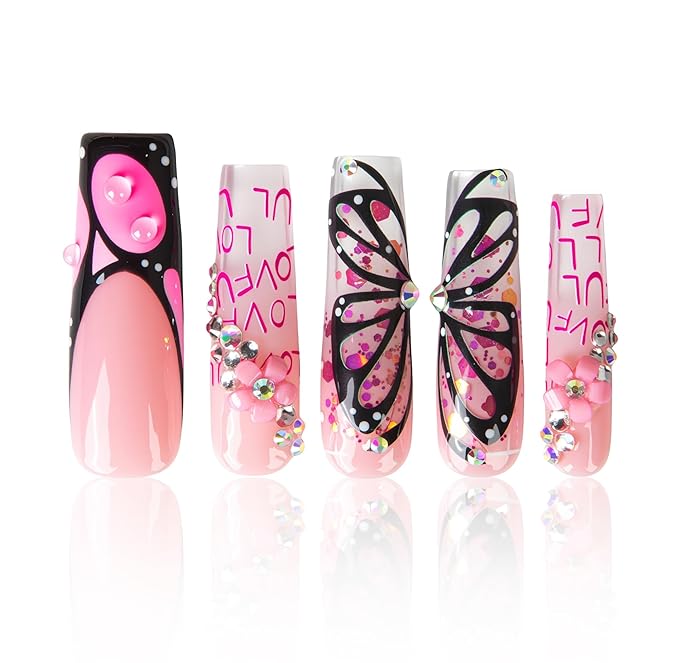 LOVFUL Press on Nails Pink Flutter| Handmade Acrylic Press ons| Reusable Fake False Nails| Square Mid length 1.7in| H723-L