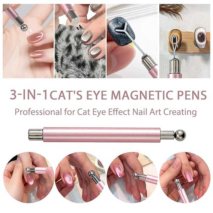 WOKOTO 4 PC Cat Eye Magnets With 6 Pcs Iron Stencils For Nails, Cylinder Nail Magnets With Magnet Ball, Short Cylinder, Point & Flower Nail Polish Magnet For Nails, Heart & Bunny Stencils Magnet Tools
