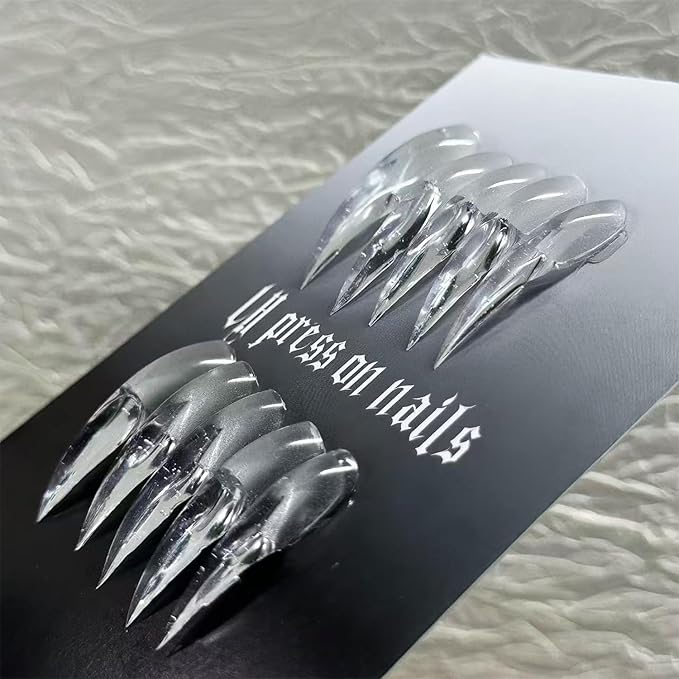 10 PCS Handmade Press on Nails Long Transparent Handmade Fake Nail with Unique Dragon Claw Design Luxury Handmade False Nails Full Cover Reusable Acrylic Glue on Nail for Women Girls (S)