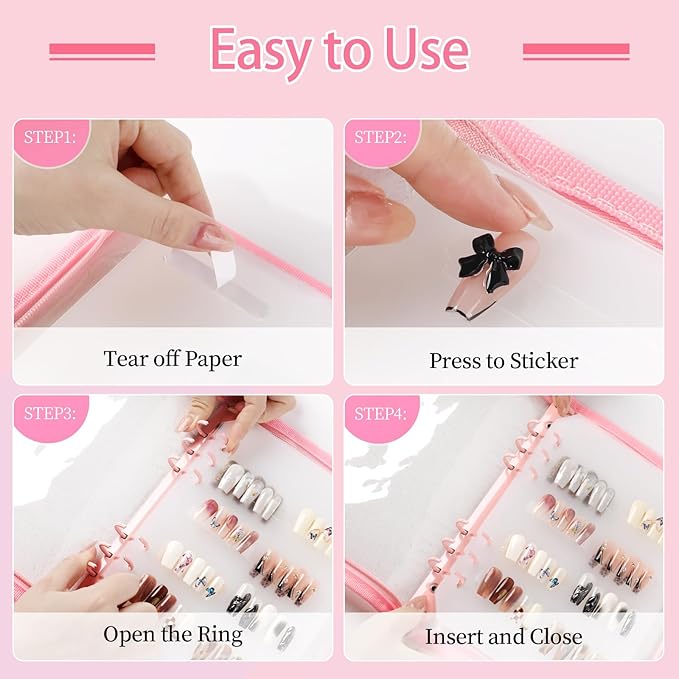 Press on Nail Organizer Binder Book, 8 A5-Sized Insert Pages & Double Sized Tape, Press on Nails Display Storage Book, Reusable Fake Nail Swatch Collecting Book (Pink)