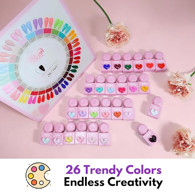 FZANEST 30pcs Gel Nail Polish Set, Professional HEAM-free TPO-free 10ml 26 Bright Colors DIY Gel Nail Set with Base Top Coat, Matte Top & Blooming – Pink Heart Shaped Bottles