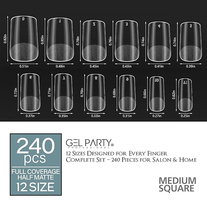 GELPARTY Soft Gel Nail Tips Medium Square - 240Pcs Pre-Buffed Matte Full Cover Tips - No Filing Needed, Soak Off Gel Extension System - Clear False Nails (12 Sizes)