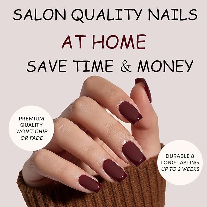 Dark Red Press On Nails Square -Short Red Nails with Glossy French Tips in a Matte Finish 16 Sizes - 32 Nail Kit with Glue
