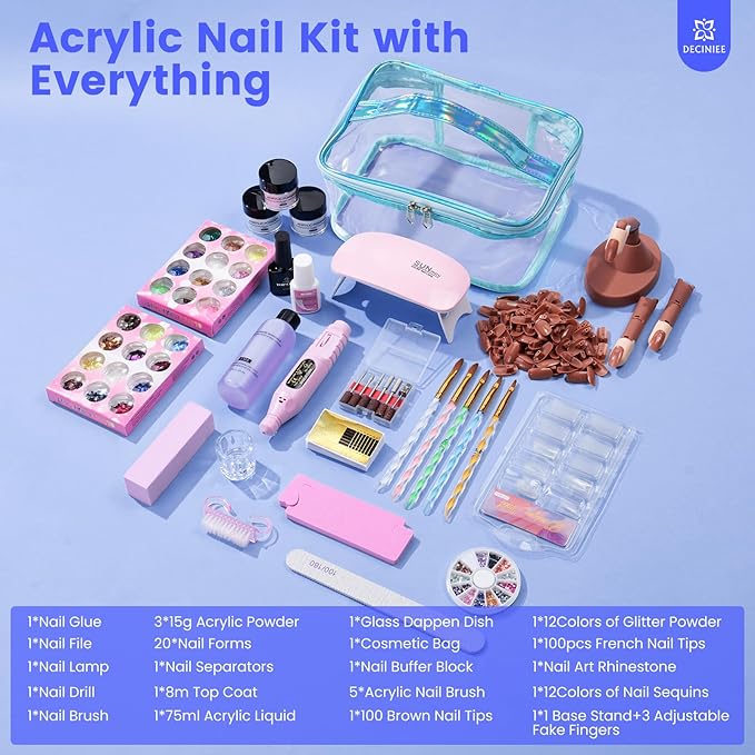 Nail Kit for Beginners with Everything: Professional Nail Acrylic Powder Liquid Set with Practice Finger Drill U V Light in Makeup Bag for Women Salon Home (Blue)