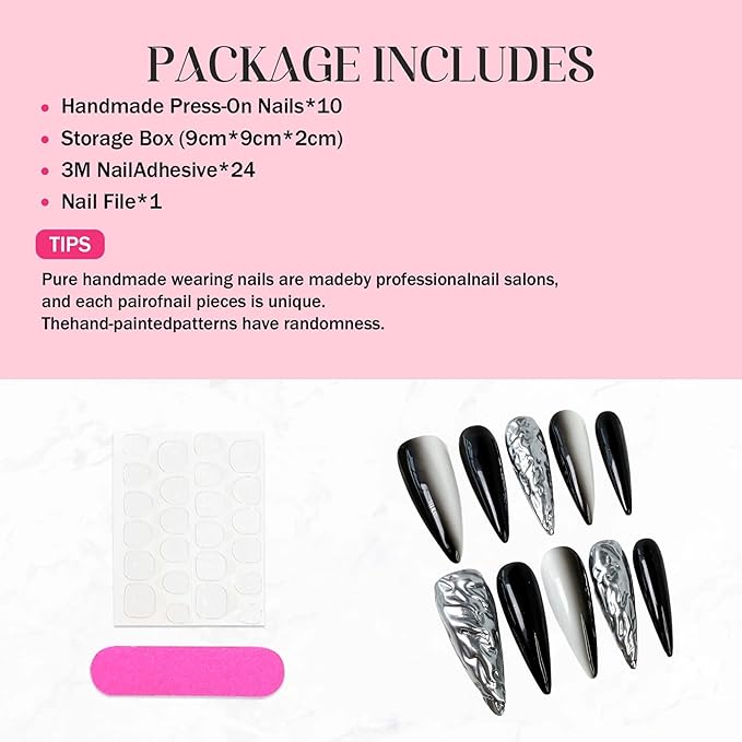 10Pcs Handmade Press on Nails Long Stiletto Glue on Nails Black White Ombre Fake Nails with 3D Swirl Designs False Nails Chrome Acrylic Nail Sparkly Stick on Nail for Women (Size M)