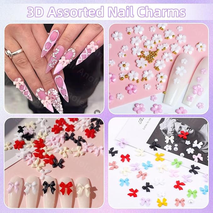 Color Bows Nail Charms Kit, 3D Pearls Gems Set, Gold Silver Nail Bows, Flower Butterfly 3D Asssorted Nail Charms and Gems, Nail Pearls for Nail Art DIY with Pickup Tools